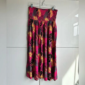 Torrid 00 Convertible Smocked Midi Pink Dress Skirt Crinkle Gauze Palm Leaves